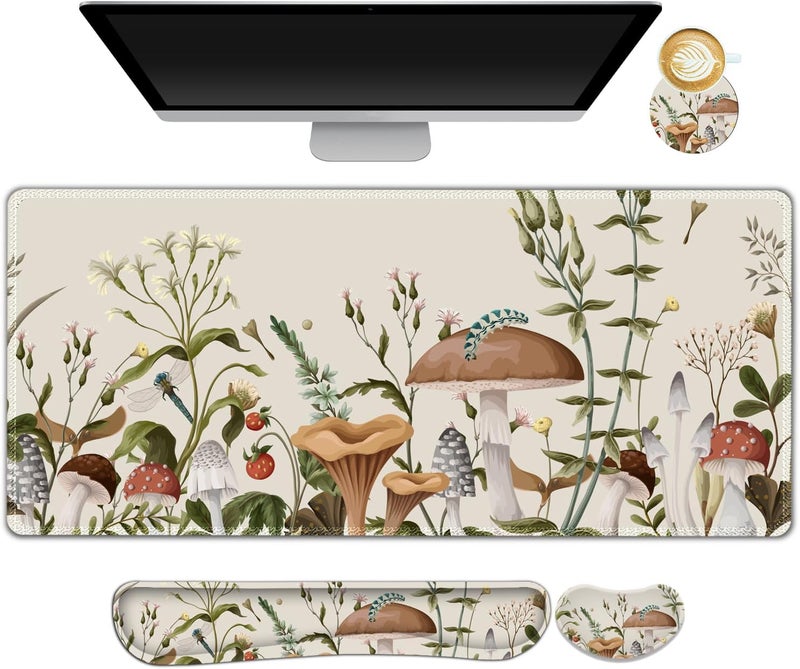 AIMSA Large Gaming Mouse Pad Set, Keyboard Wrist Rest Support+ Extended Mousepad+ Mouse Wrist Cushion+Coaster, Ergonomic Multifunctional Desk Mat 35x15.7in, Mushroom Plant Garden - Image 1